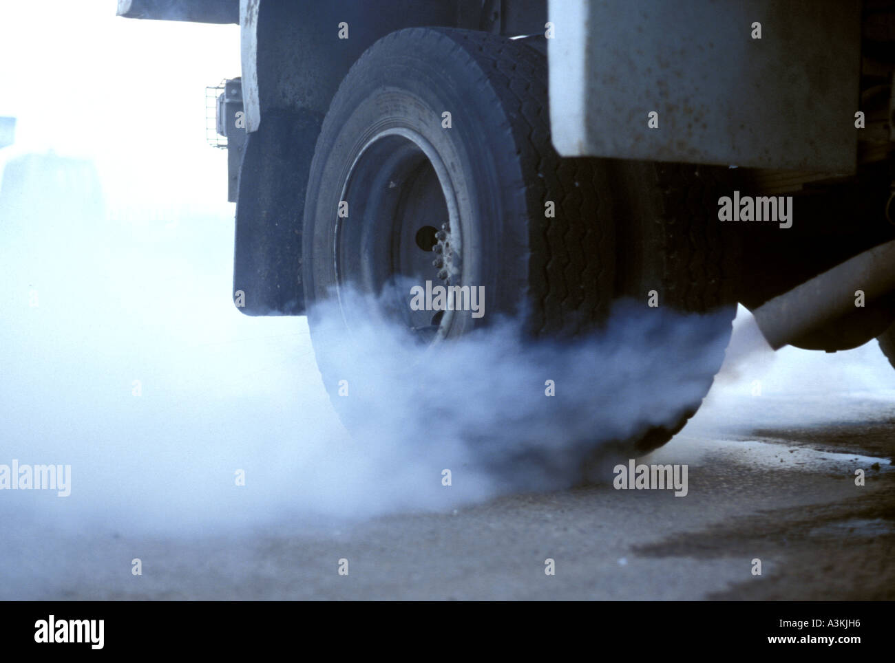 Diesel Lorry Starting up in early morning Stock Photo