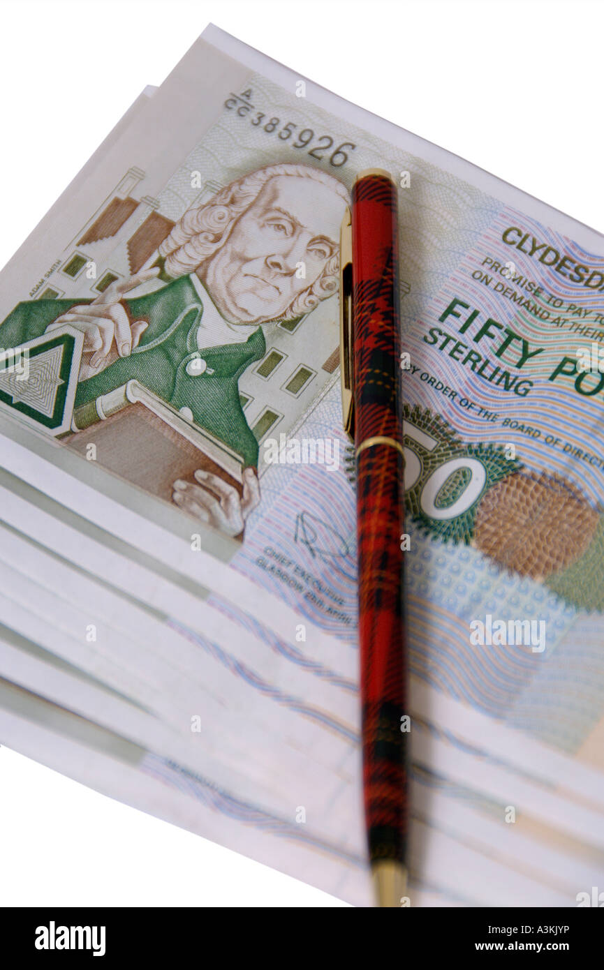 50 notes Scottish Clydesdale Bank tartan pen Stock Photo