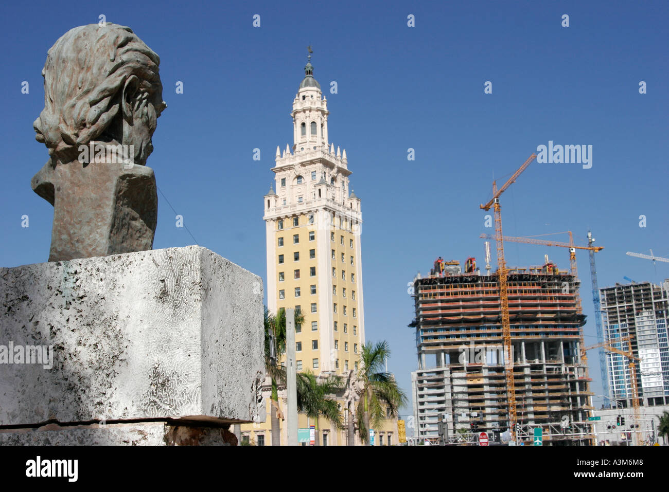 Miami Florida,Biscayne Boulevard,statue,Inca Garcilaso de la Vega,Freedom Tower,condominium condominiums condo condos residential residences apartment Stock Photo