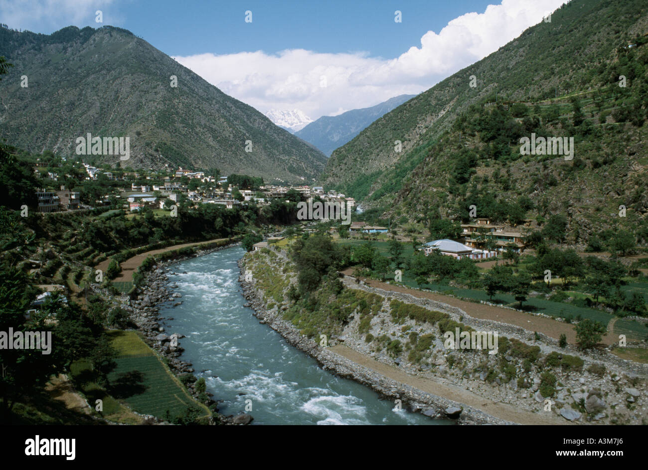 View upriver towards the town of Bahrain in the Swat Valley, Pakistan. Stock Photo