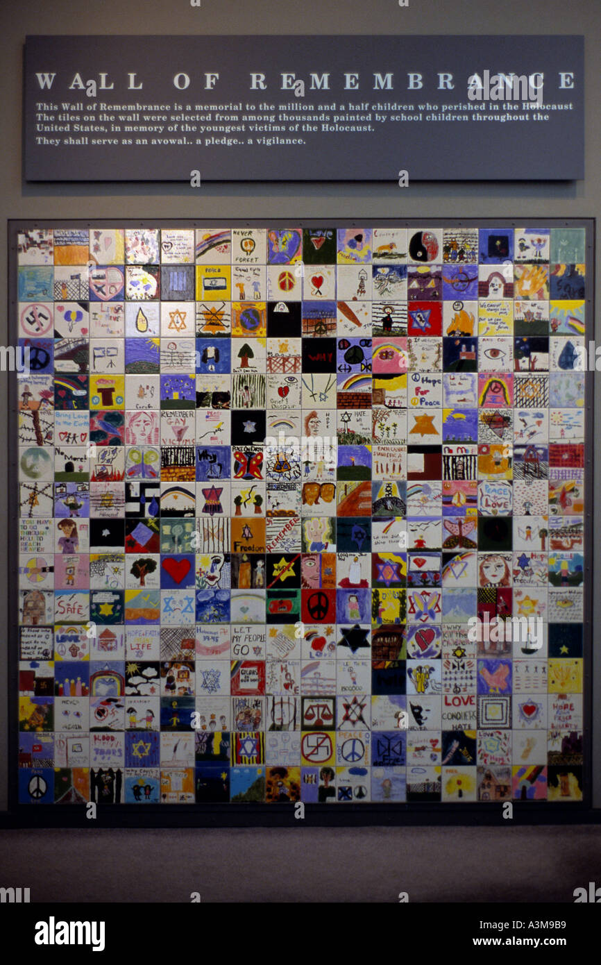 Childrens art tiles at the Wall of Remembrance in the United States Holocaust Memorial Museum in Washington DC USA Stock Photo