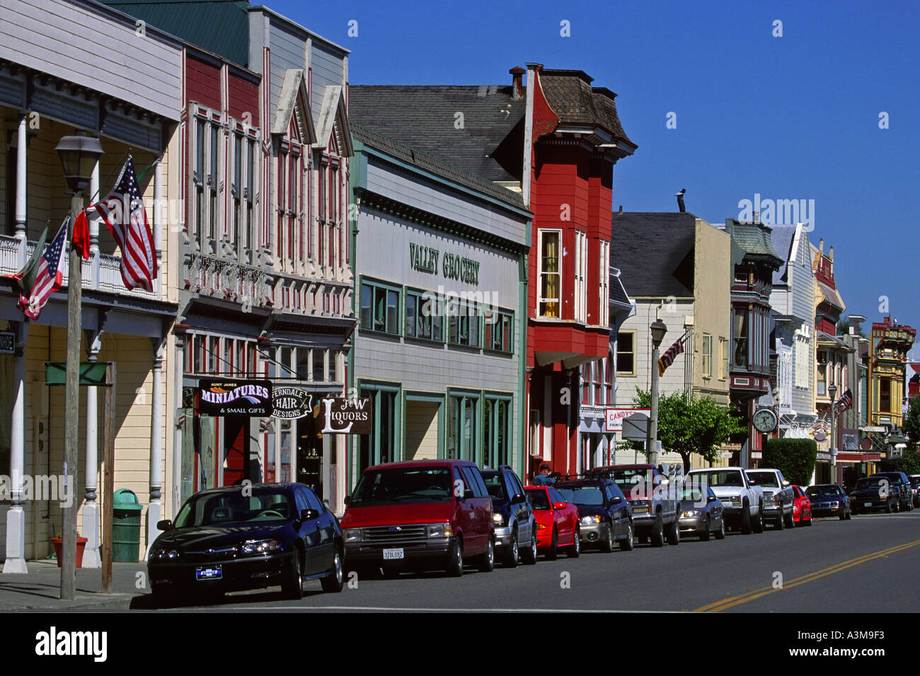 Main street shops and storefronts in Victorian era town of Ferndale
