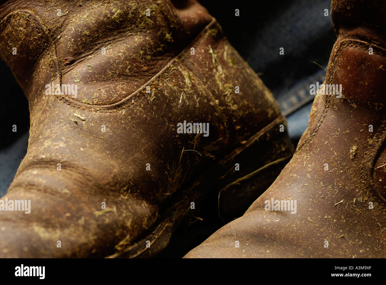 Cowboy boots covered in dried hay and grass and worn out leather Canada