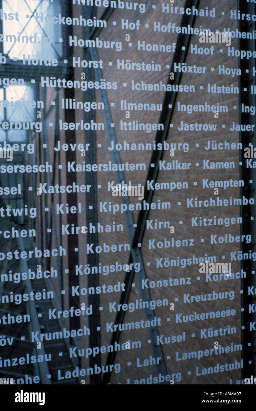 Jewish holocaust victims names etched in glass at United States Holocaust Memorial Museum in Washington DC USA Stock Photo