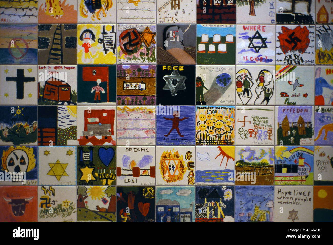 Childrens art tiles at the Wall of Remembrance in the United States Holocaust Memorial Museum in Washington DC USA Stock Photo