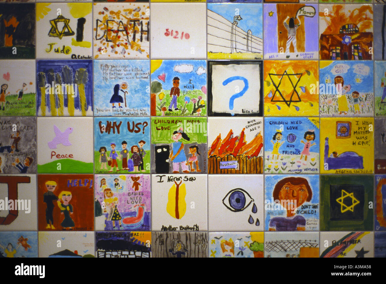 Childrens art tiles at the Wall of Remembrance in the United States Holocaust Memorial Museum in Washington DC USA Stock Photo