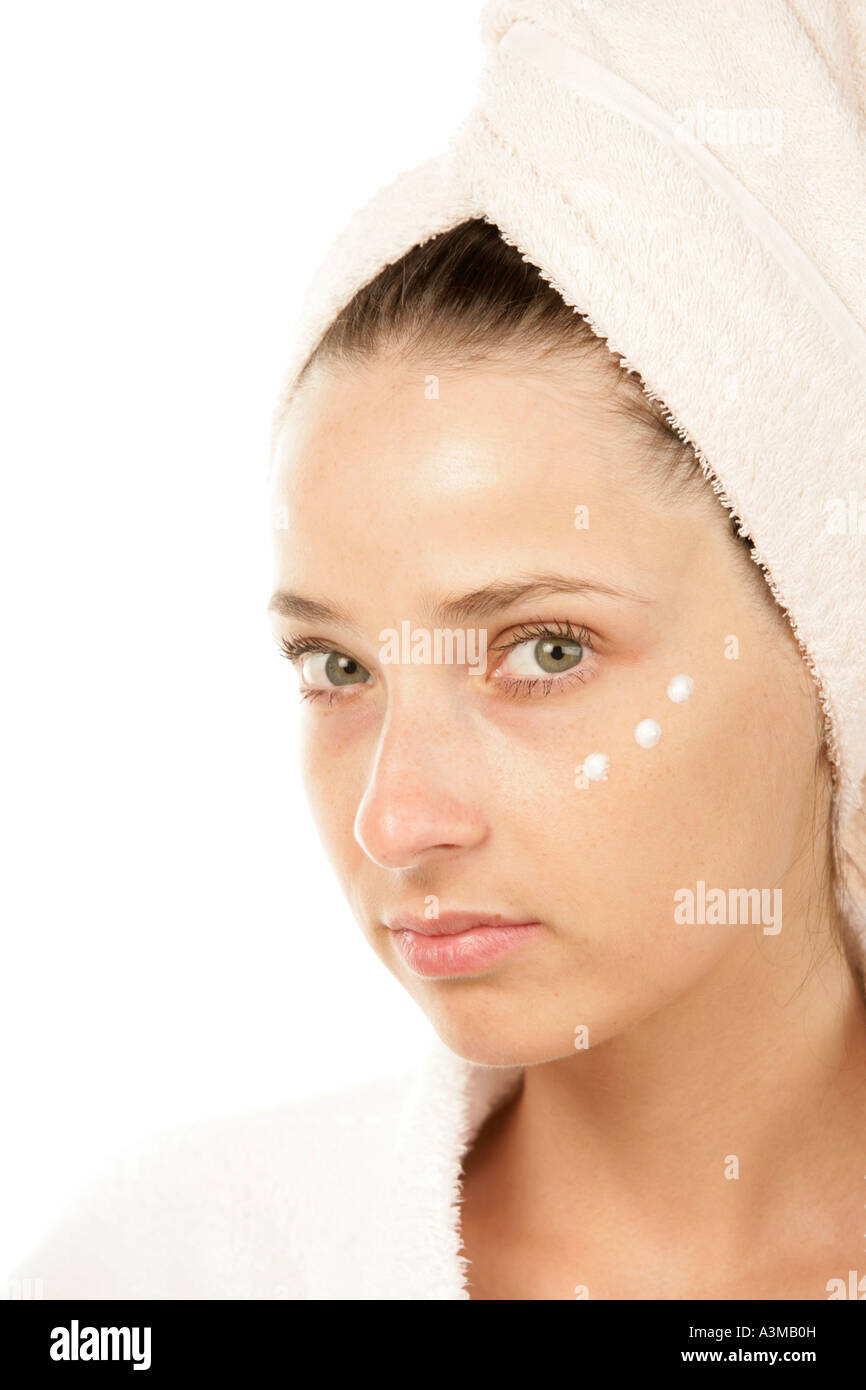 Woman wearing towel around her head Stock Photo Alamy