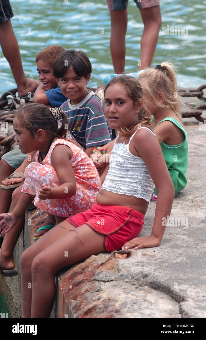Polonesian children in Mangaravia Island Stock Photo