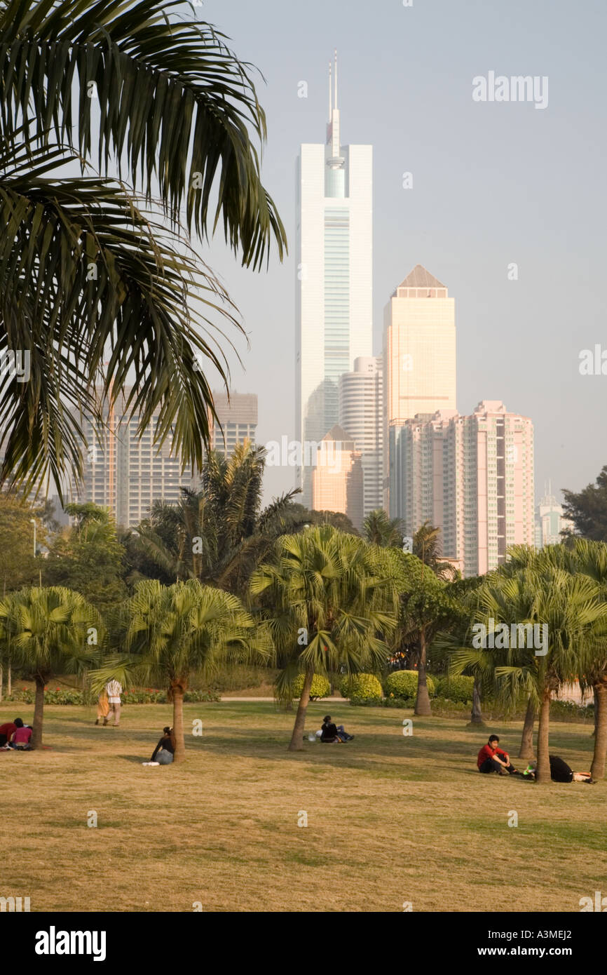 CITIC plaza is the tallest building in Guangzhou. Photo is taken from Dongfeng park which is a nice contrast to the busy city. Stock Photo