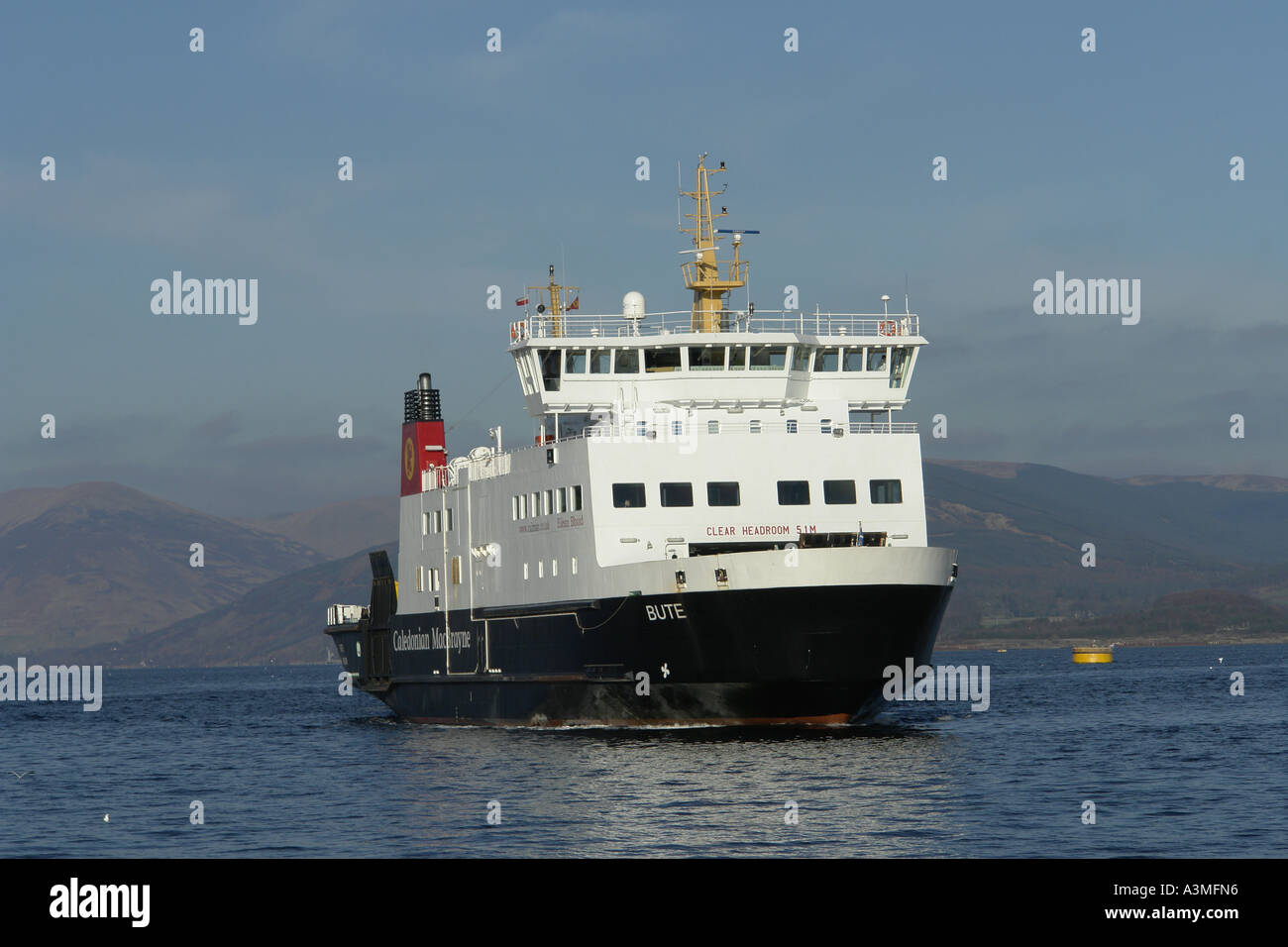 New Calmac ferry MV Bute approaching Rothesay in Bute from Wemyss Bay. Stock Photo