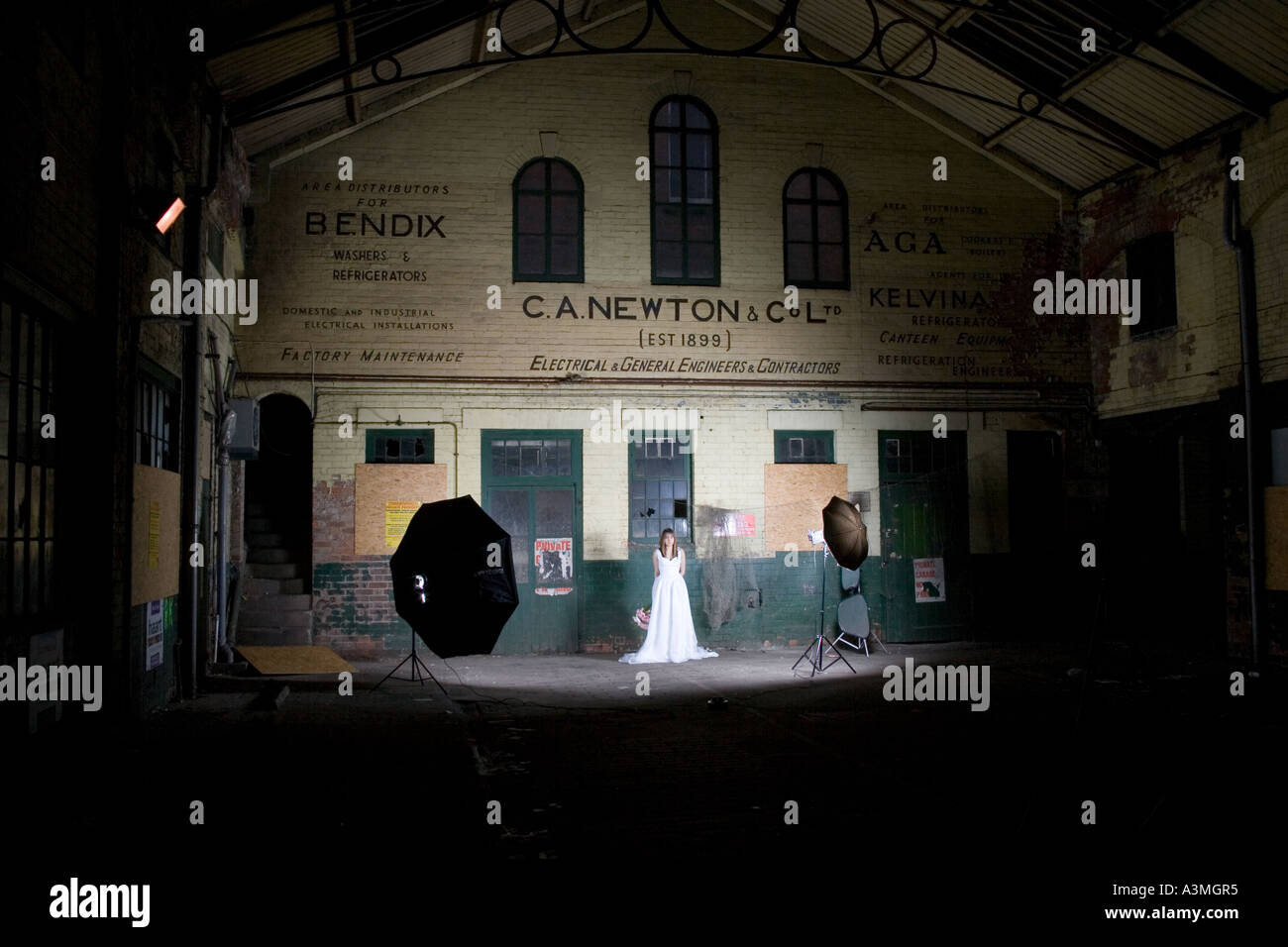 Bridal Film Set within Derelict tram depot based in Derby England. Stock Photo