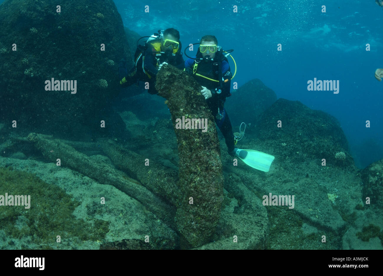 diver on Cornwallis wreck. Pitcarn Island Stock Photo