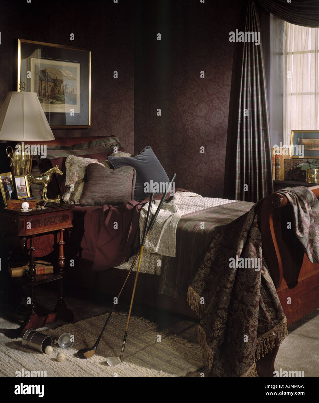 Bed Bedroom Night Table Lamp Pillow Wall Wallpaper Antique Golf