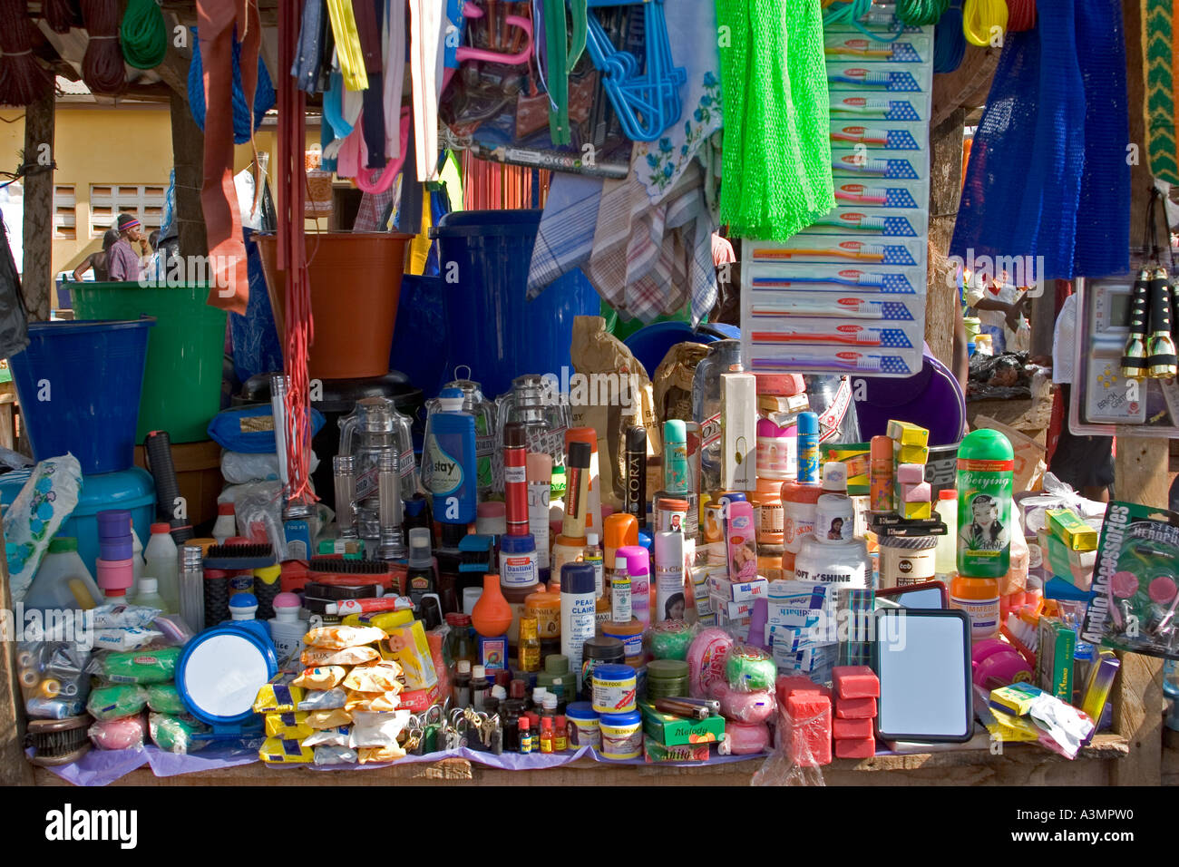 Market stall with general household goods, Ghana, West Africa Stock Photo