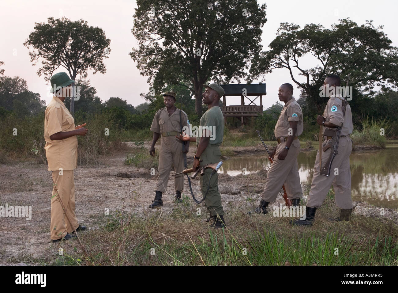 Park patrol team discussing patrol duties in Mole National Wildlife Park, Ghana, West Africa Stock Photo