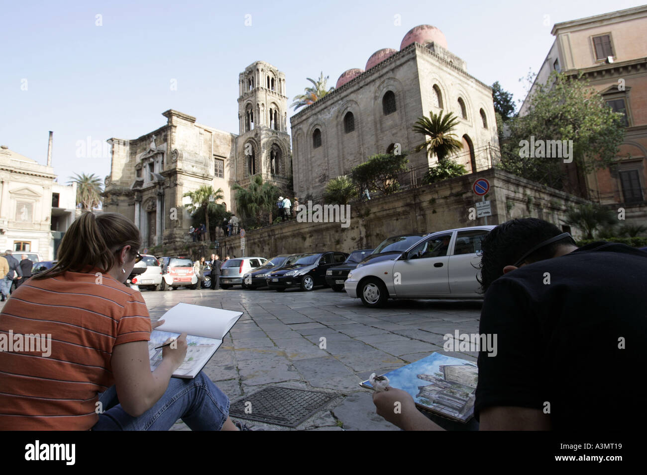 Art students painting the Martorana church Palermo Sicily Stock Photo