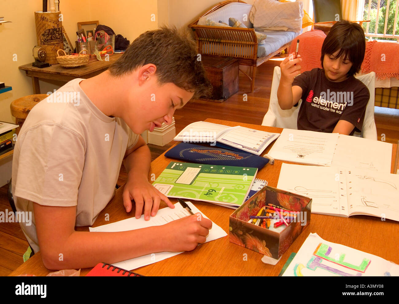 Two young high school students doing their homework together Stock Photo