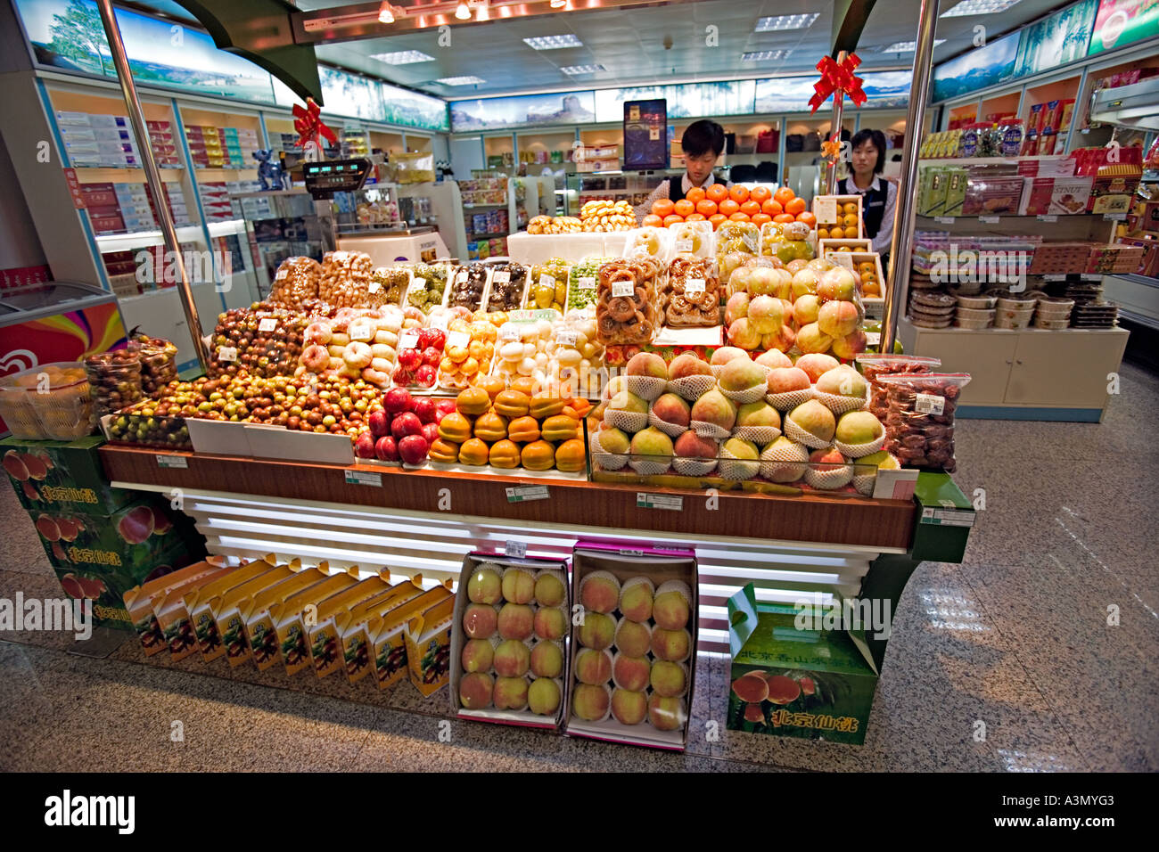 CHINA BEIJING Shop at Beijing Capital Airport selling exotic and expensive  fruits chocolates liqueurs and cigarettes Stock Photo