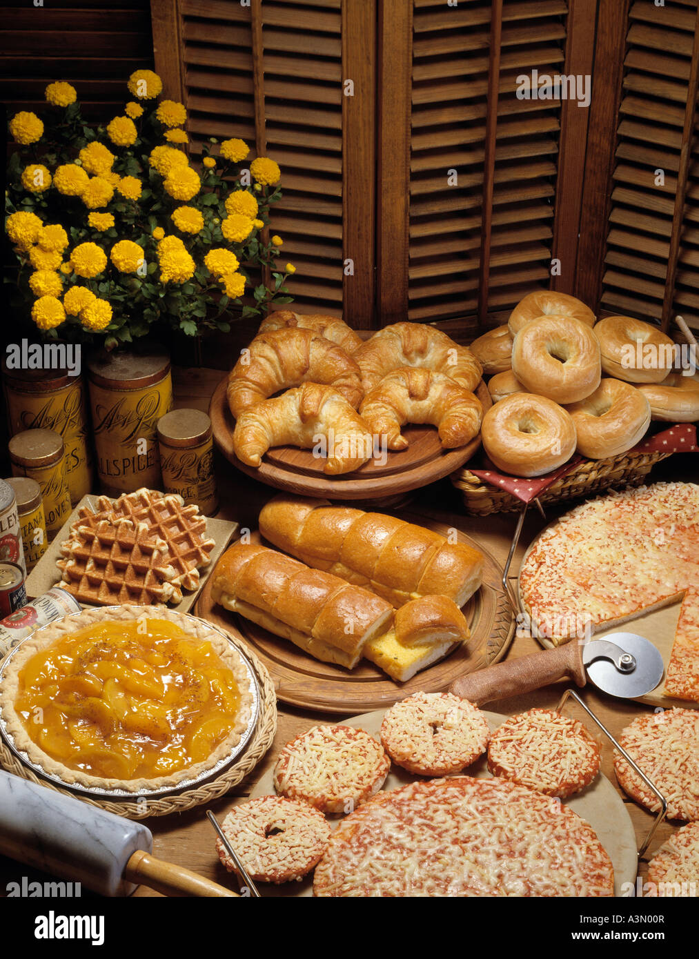 Assortment Baked Goods Garlic Bread Bagel Croissant Waffle Peach Stock Photo Alamy