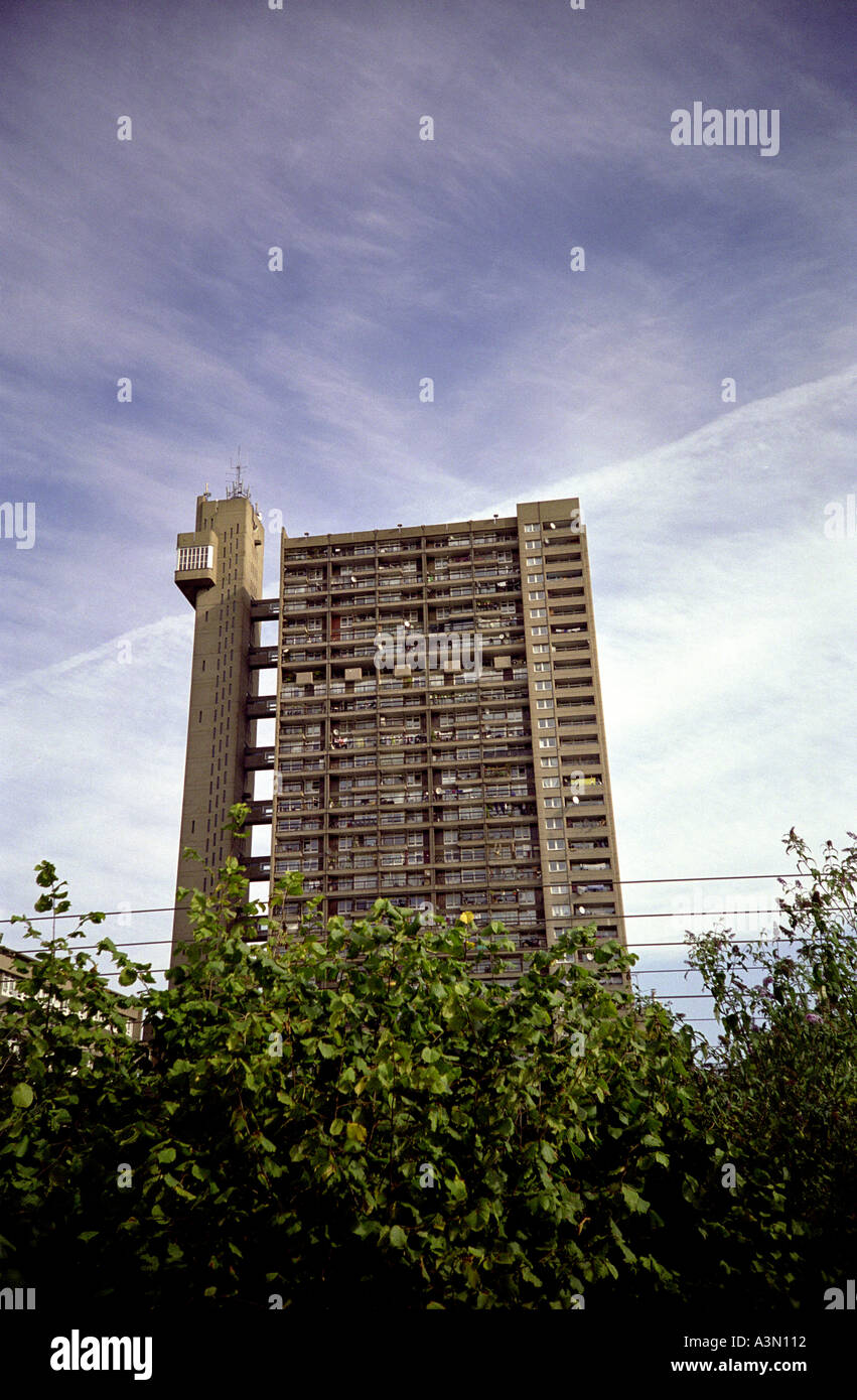 Trellick tower in blue sky backdrop, by Erno Goldfinger, Stock Photo