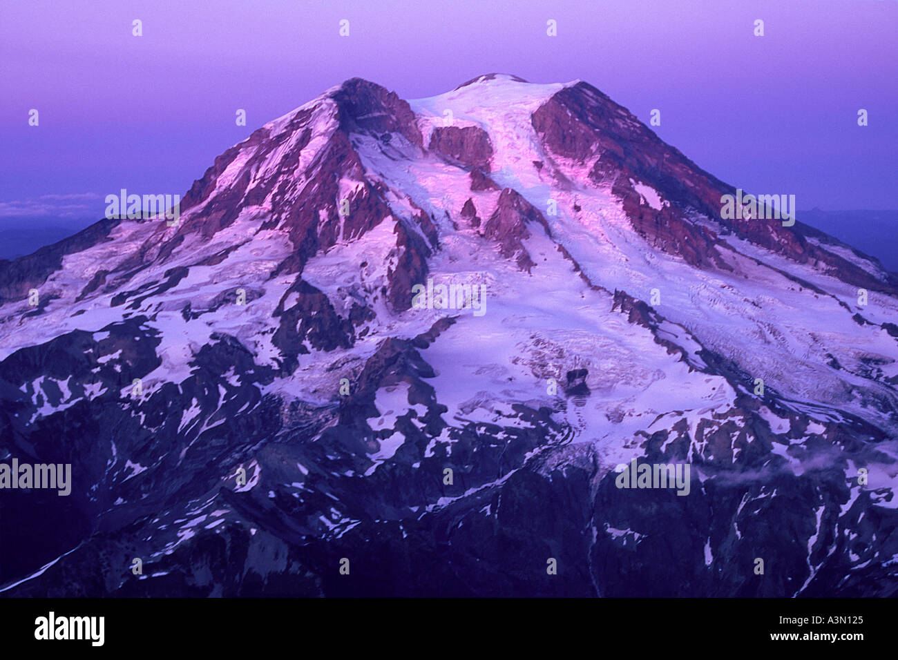 Aerial view of sunset on Mt Rainier and the Tahoma Glacier Mount Rainier National Park