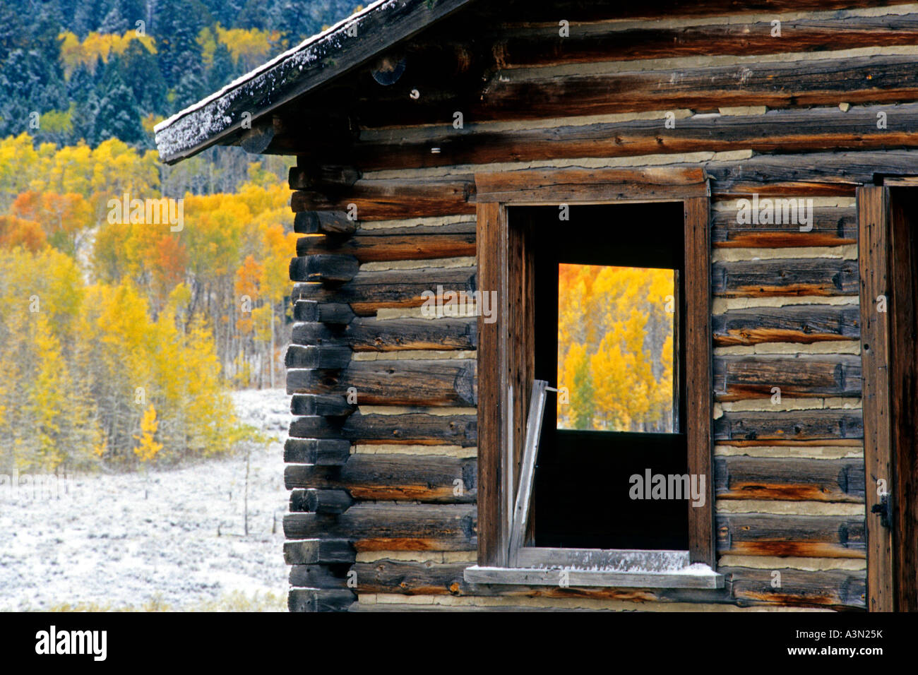 Range cabin after first snow, Montana Stock Photo