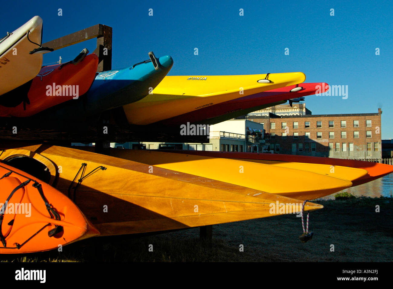 Sea Kayaks and historic buildings, Port Townsend, Washington Stock