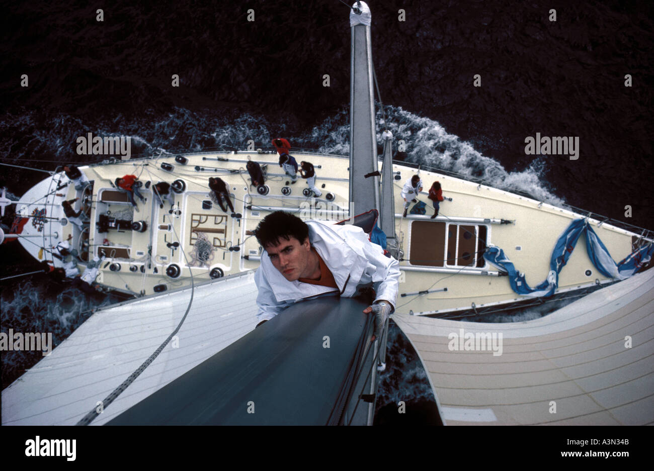 Rock popstar Simon Le Bon at the masthead of his Maxi yacht Drum Stock Photo