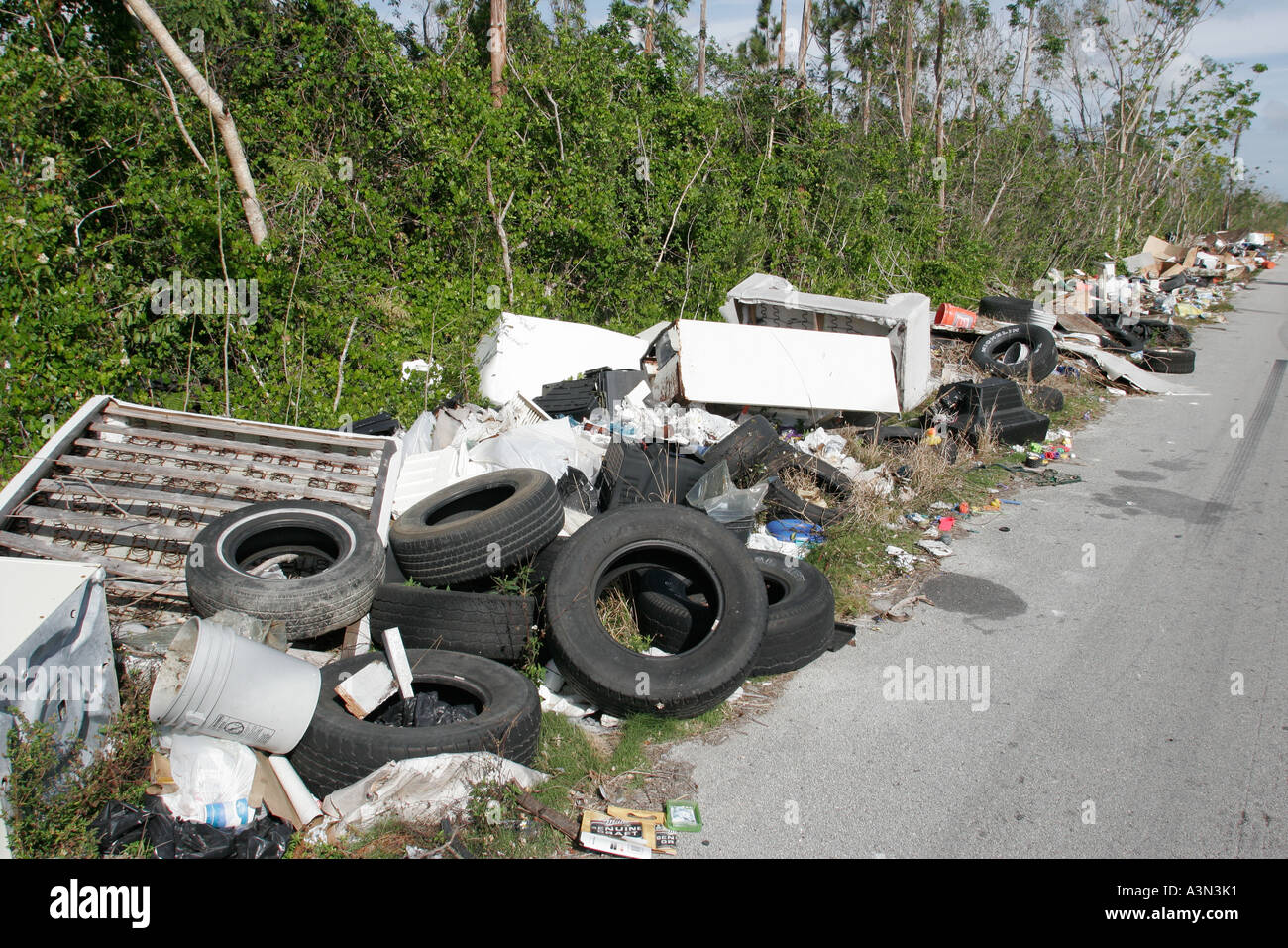 Miami Florida,Homestead,illegal dumping site,roadside,tires,appliances,trash,pollution,litter,trash,pollution,clutter,environment,trash,visitors trave Stock Photo