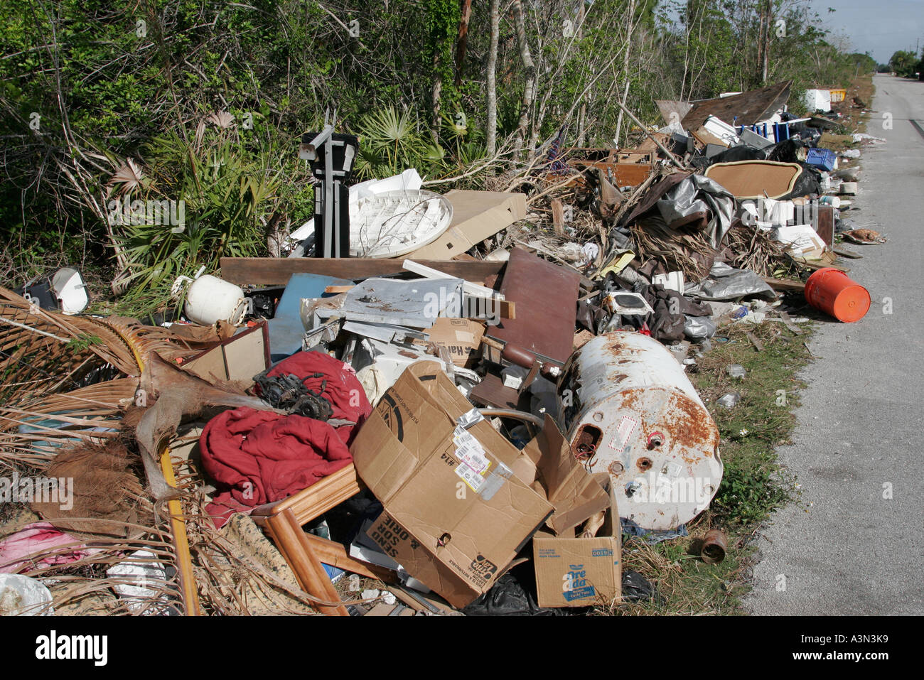 Miami Florida,Homestead,illegal dumping site,roadside,tires,appliances,trash,pollution,litter,trash,pollution,clutter,trash,FL060130446 Stock Photo