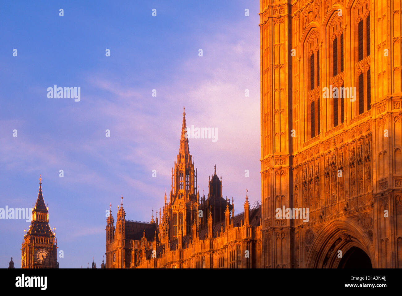 The Houses of Parliament and Big Ben in London, England at sunset. Government building and historic landmark in the UK, United Kingdom, Great Britain Stock Photo