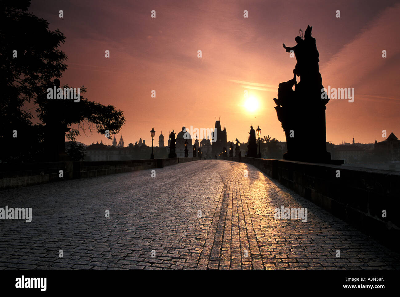 Direct Sun in Early Morning, Charles Bridge over River Vltava , Prague, Czech Republic Stock Photo