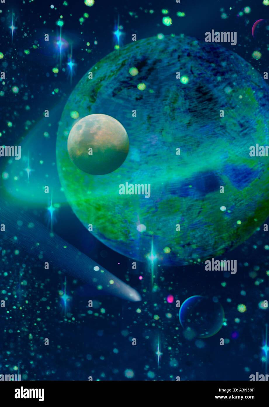 Sky, space, planets stars and solar system, shooting star and cosmos ...