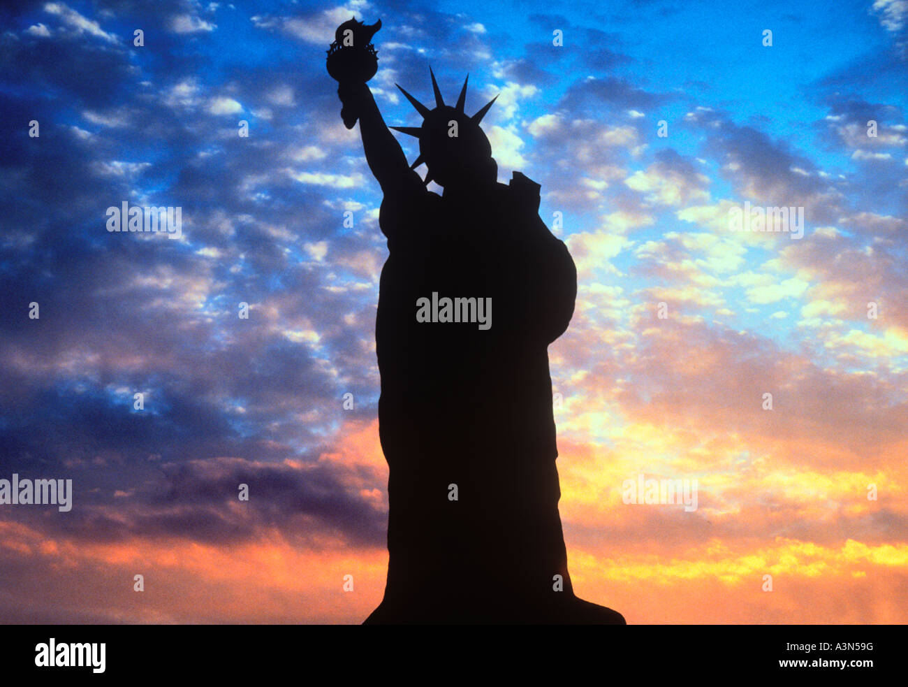 New York City Lower Manhattan silhouette of The Statue of Liberty ...