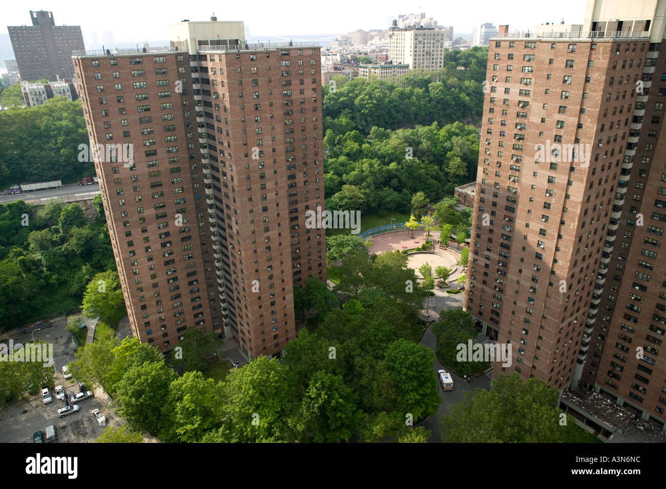 Aerial view of housing projects towers in Harlem New York City USA June
