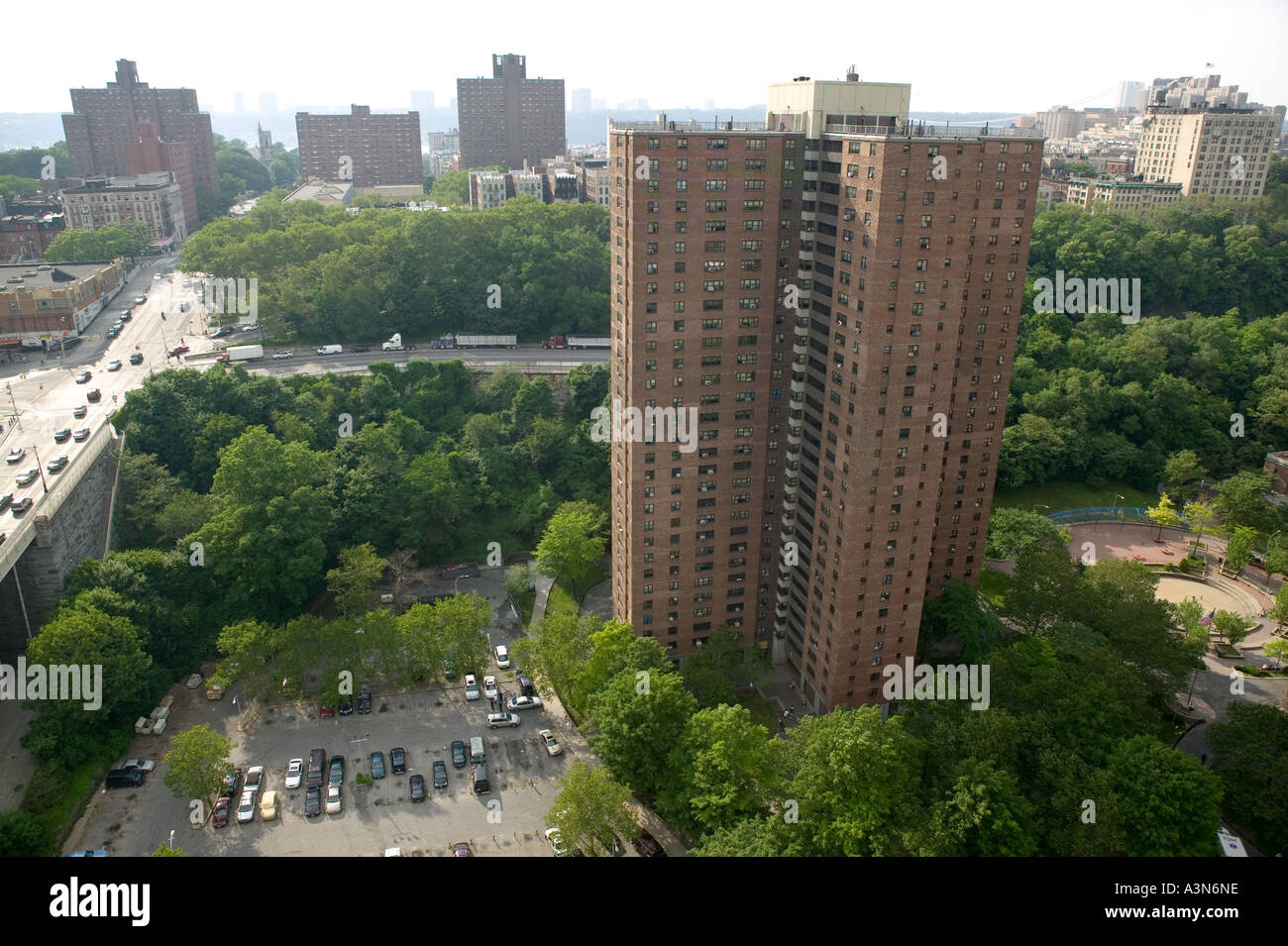 Aerial view of housing projects towers in Harlem New York City USA