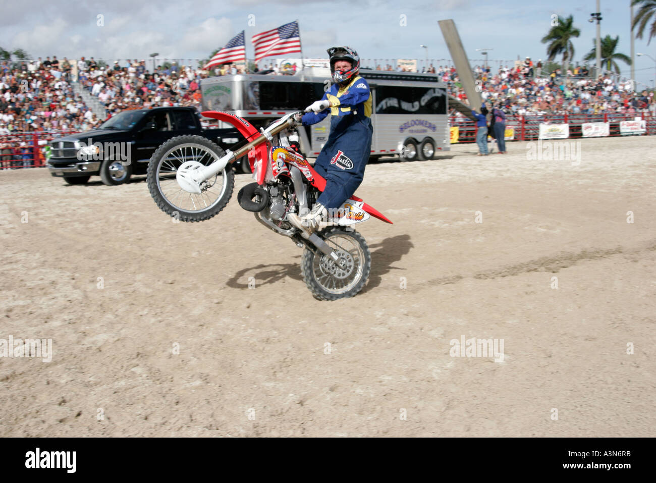 Miami Florida,Homestead,Championship Rodeo,motorcycle stunt,wheelie,entertainment,performance,show,daredevil,FL060130534 Stock Photo