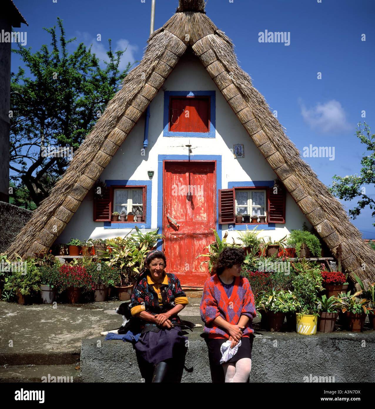MR TWO WOMEN IN FRONT OF A  PALHEIRO  TRADITIONAL THATCHED HOUSE  SANTANA  VILLAGE  MADEIRA  ISLAND PORTUGAL Stock Photo