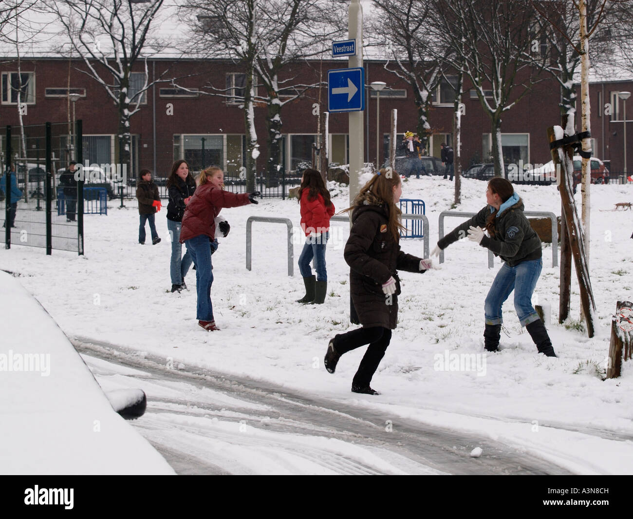 Teenage girls having a snowball fight winter fun in Breda the Netherlands Stock Photo