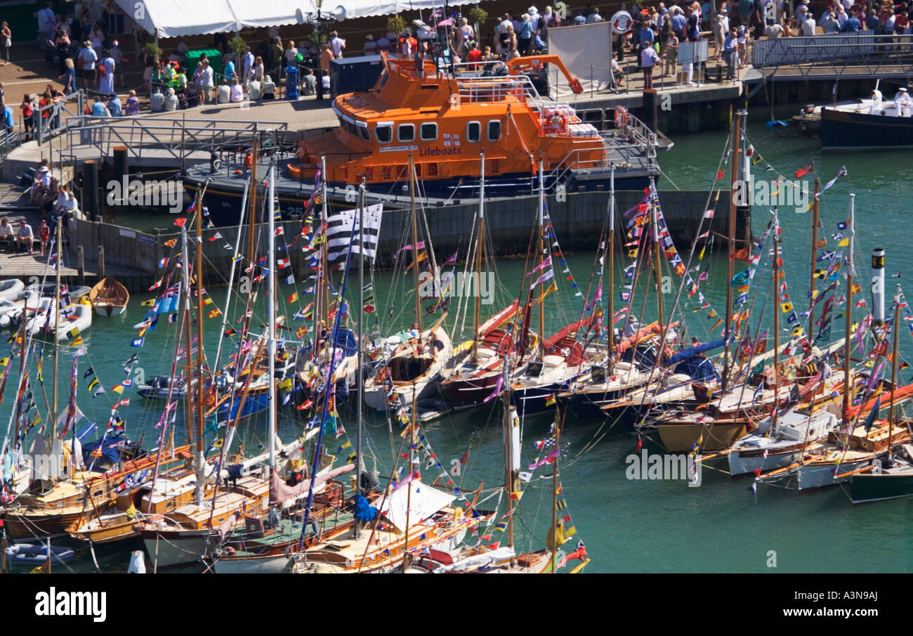 Aerial view Old Gaffers Festival. RNLI lifeboat moored at Yarmouth harbour. Isle of Wight. UK. Stock Photo
