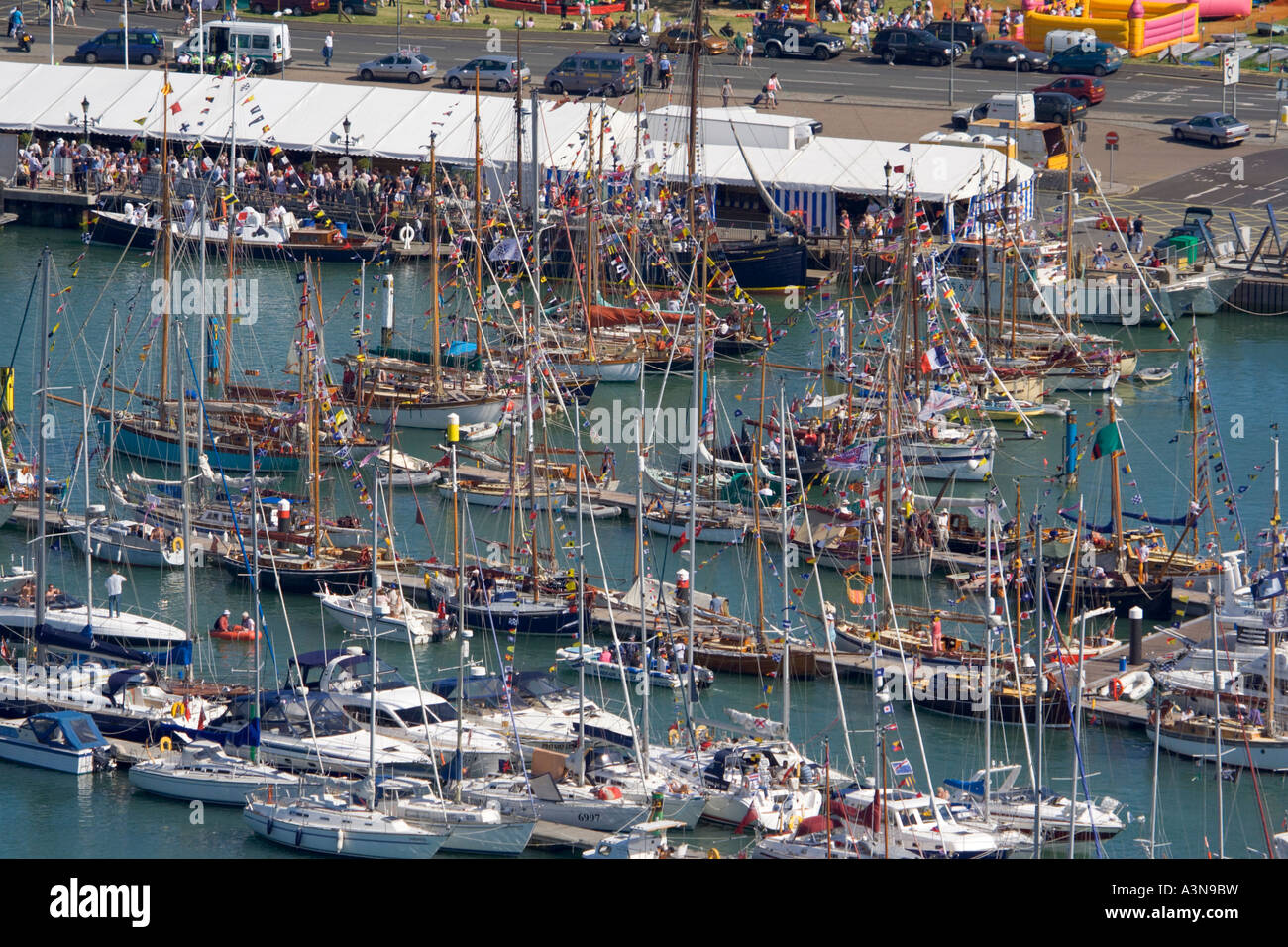 Aerial view of Old Gaffers Festival. Yarmouth harbour. Isle of Wight. UK. Stock Photo