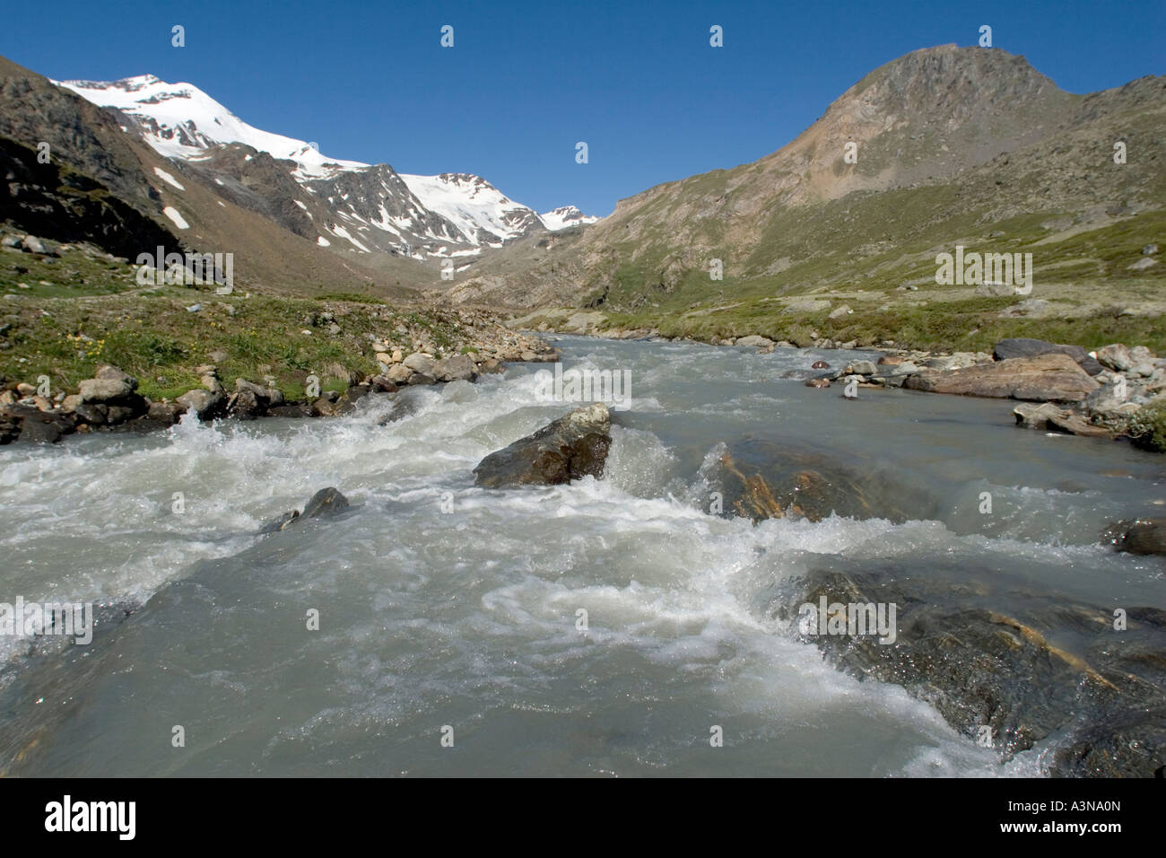 Plimabach river in upper Martell valley with the Cevedale glacier in background Stock Photo