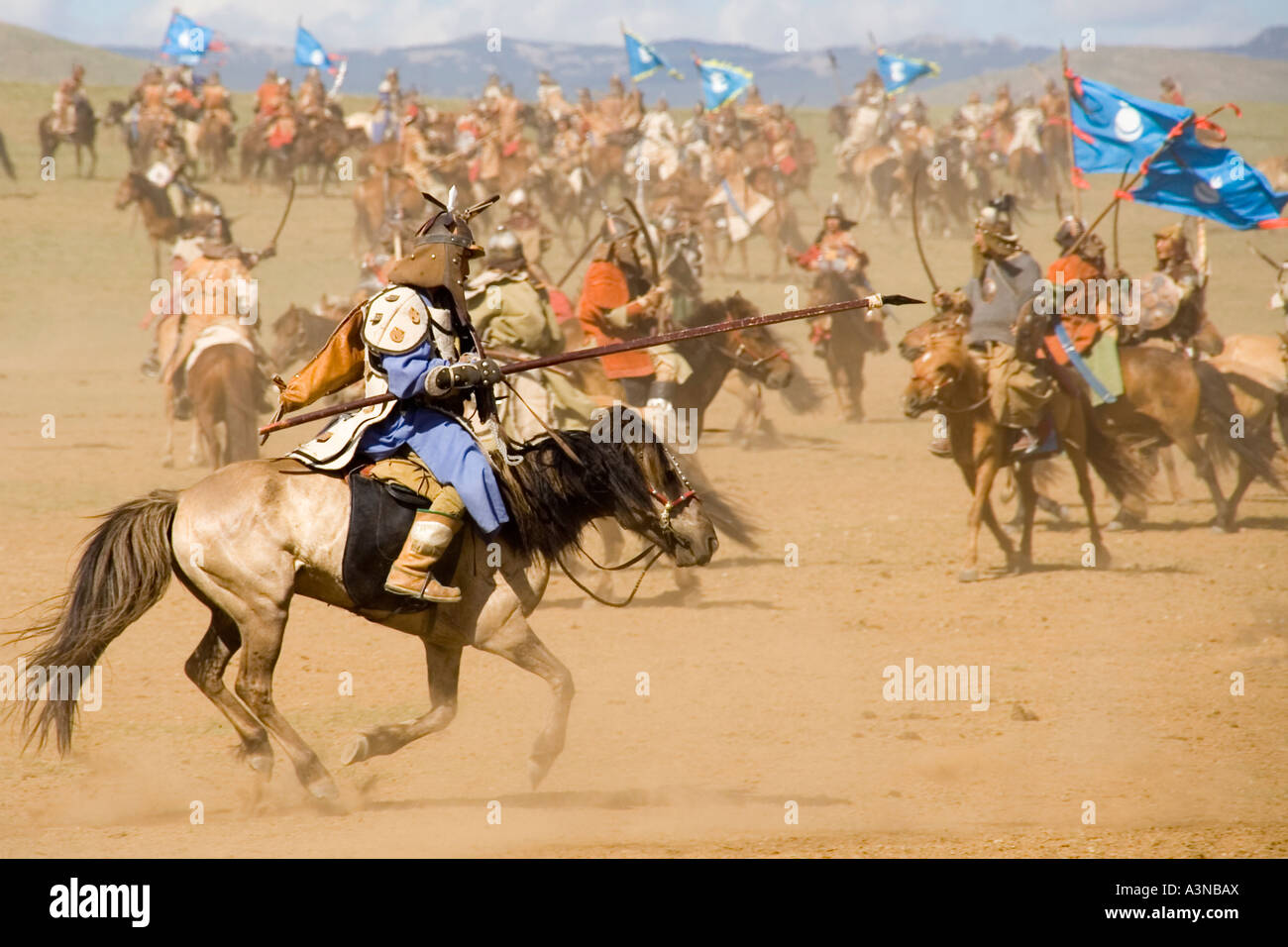 Mongolian cavalry with lances charging into battle Stock Photo