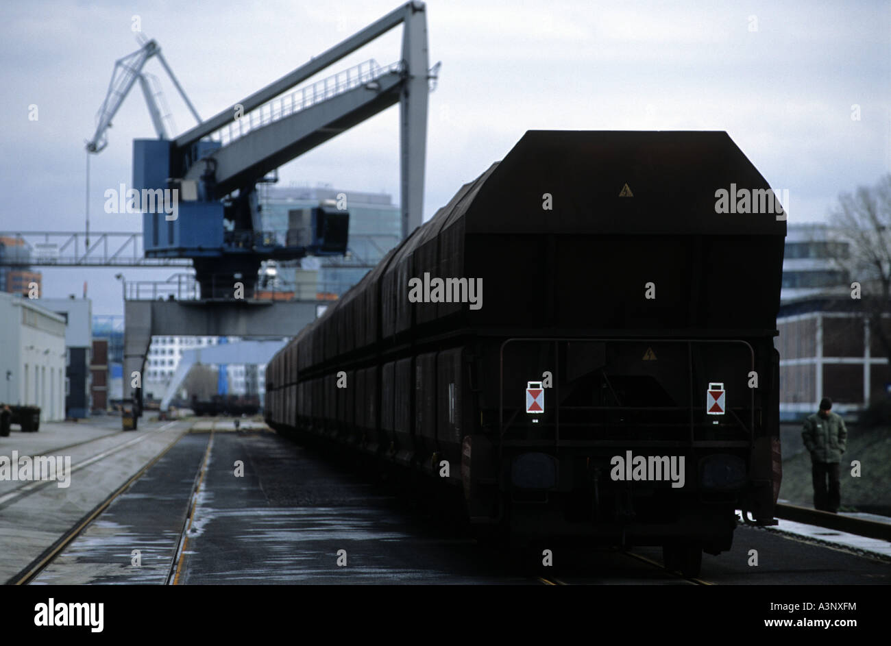 Rail freight wagons, recycling facility, Dusseldorf, North Rhine-Westphalia, Germany. Stock Photo