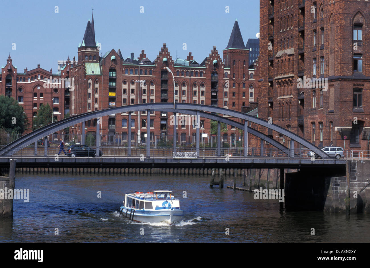 Excursion ship at the Speicherstadt in Hamburg Germany Stock Photo