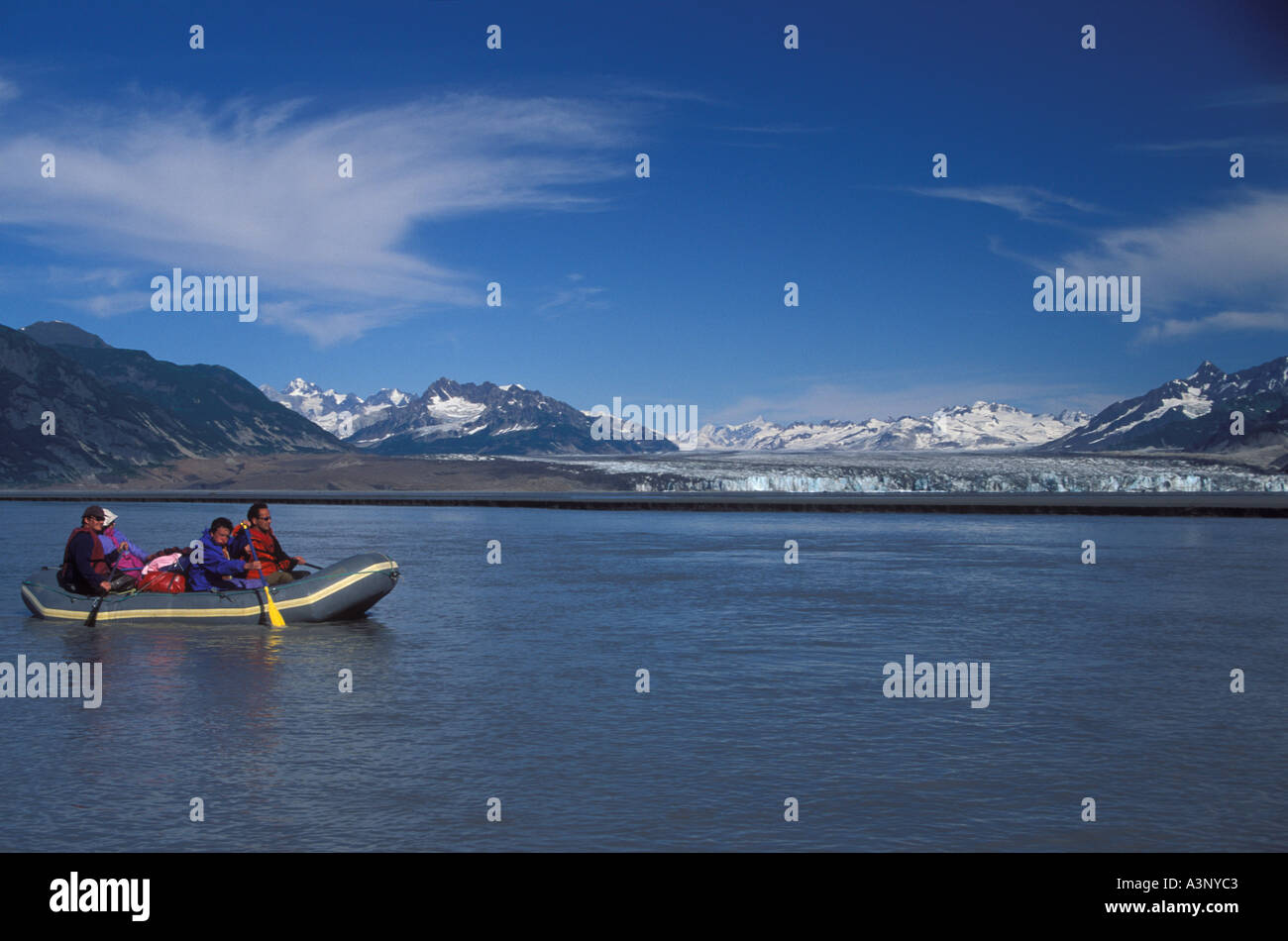 Raft passing in front of Miles glacier Copper River Chugach National ...