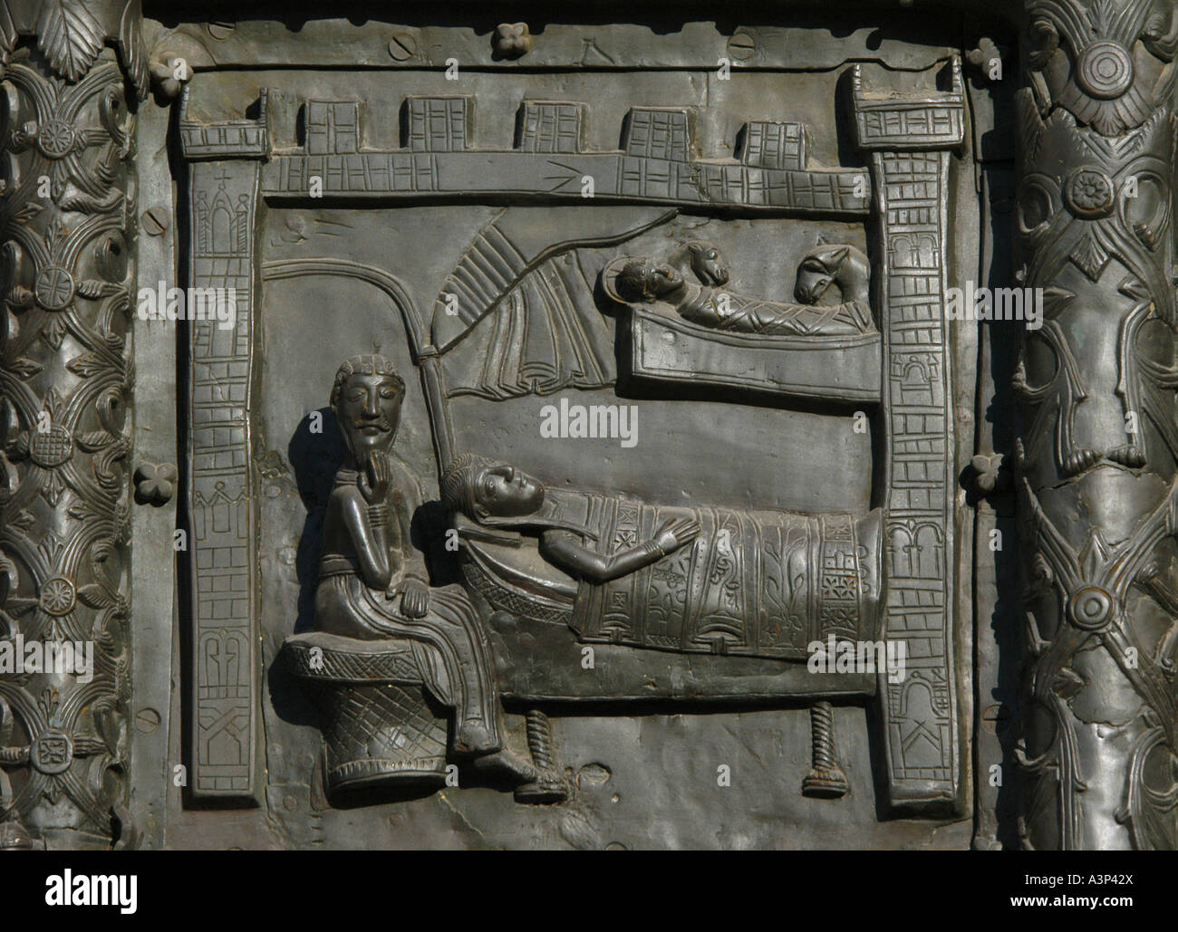 The Nativity of Jesus Christ. Detail of the Magdeburg (Sigtuna) Gate of St Sophia Cathedral in Veliky Novgorod, Russia Stock Photo