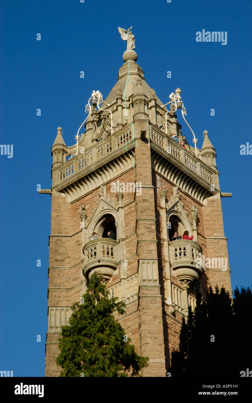 Close up of the Cabot Tower on Brandon Hill with people looking out across Bristol Stock Photo