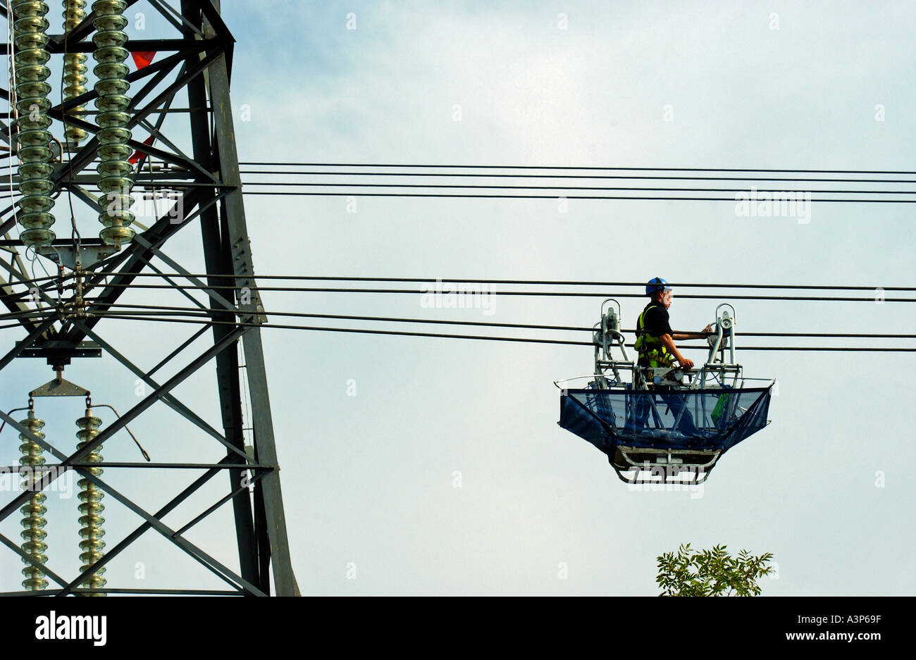 Electricity workers working on power lines Stock Photo Alamy