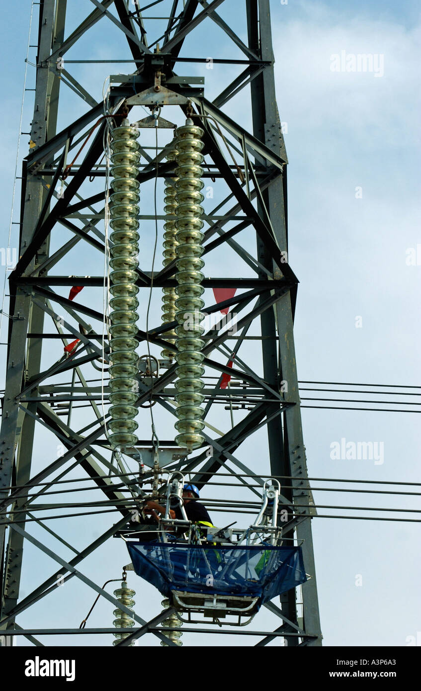 Electricity workers working on power lines Stock Photo Alamy